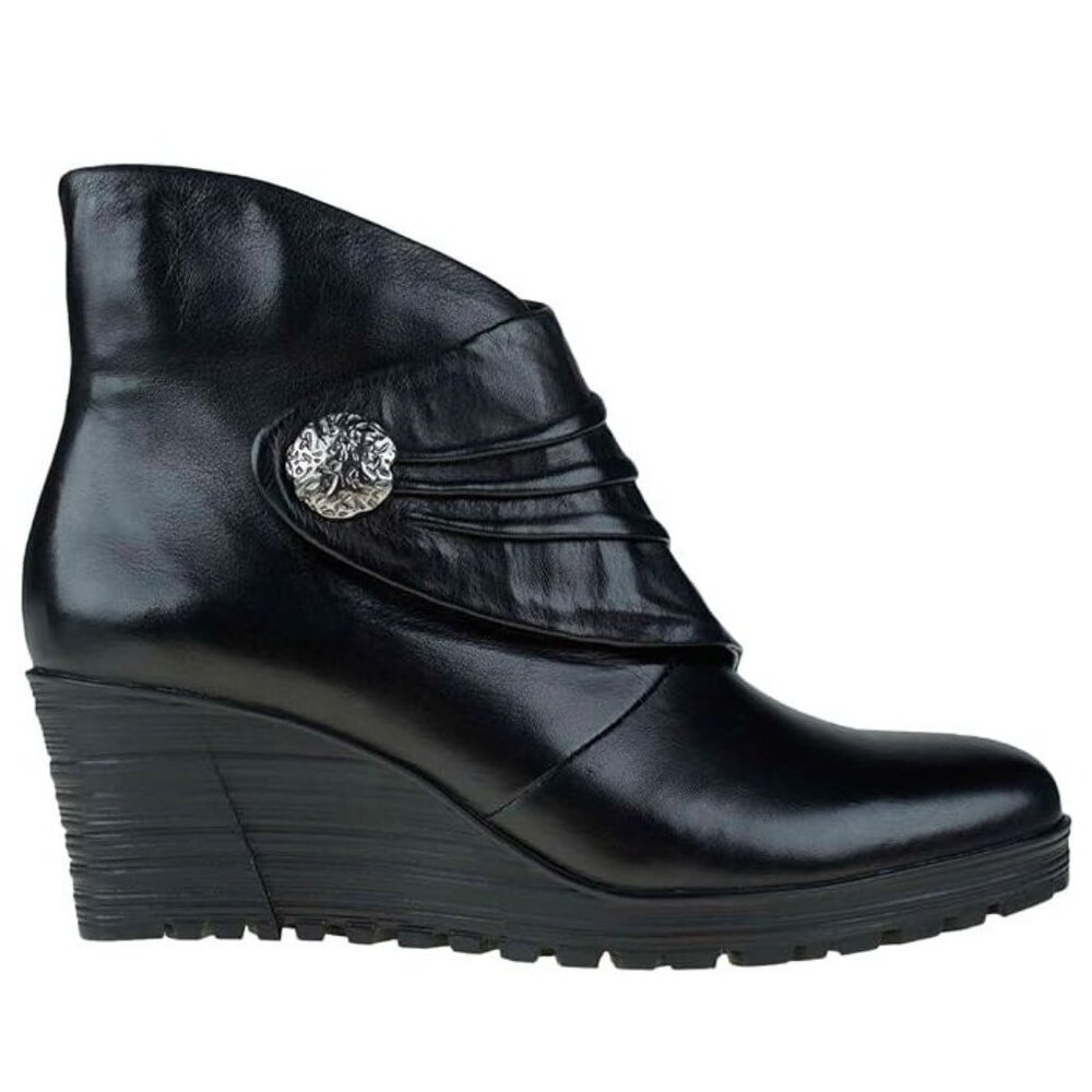 NEW Earth Women Dune Black Leather Gathered Pleated Strap Platform Wedge Bootie - Picture 4 of 6